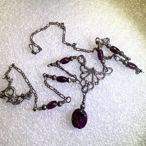Italian Sterling Silver 925 18" Filigree Necklace Garnet Cabochon Drop KM Maker